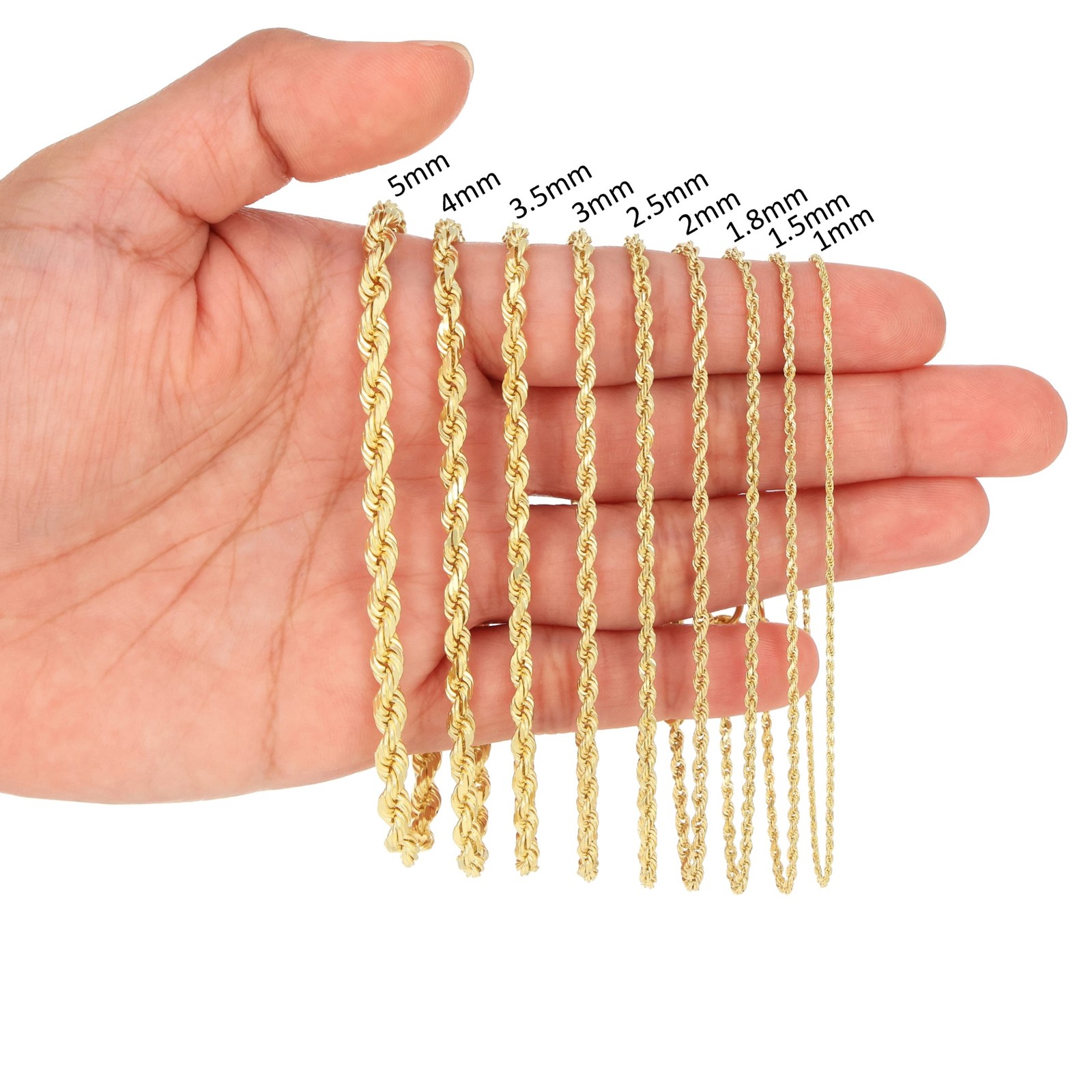 14K Yellow Gold Diamond Cut Rope Chain Necklace 1.5mm – 5mm, Men Women 16″- 30″