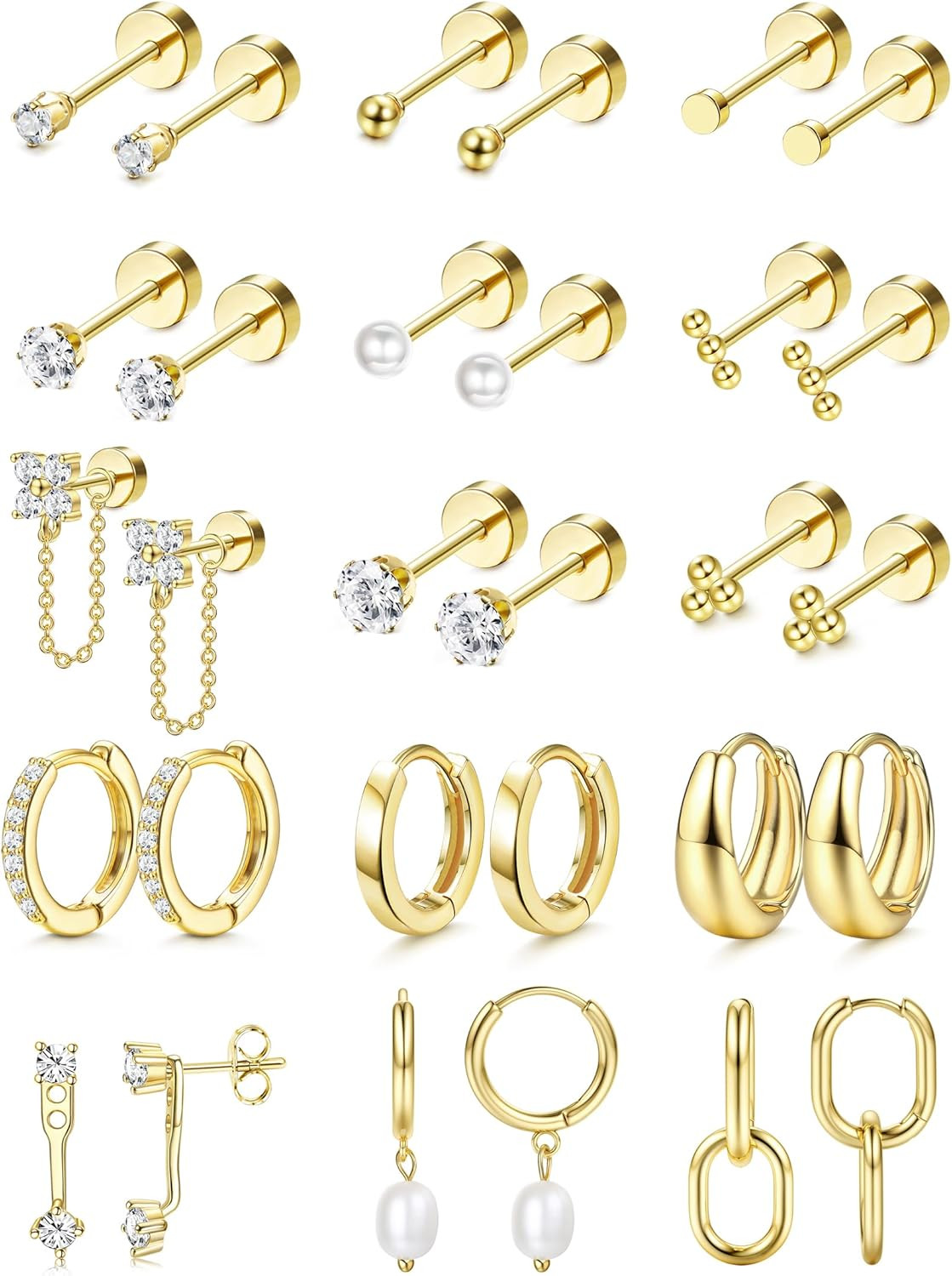 Flat Back Hypoallergenic Surgical Steel Earrings – 20G Gold Plated Stud Set