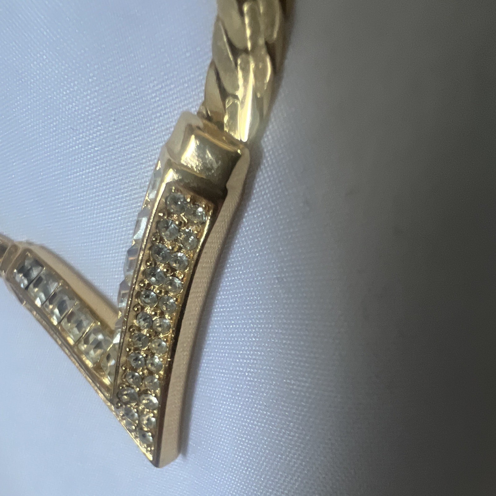 Vintage Christian Dior Gold Tone V Necklace Clear Rhinestone Choker Signed