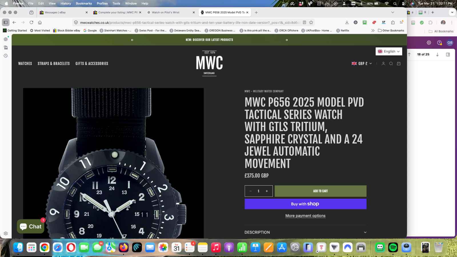 MWC P656 PVD Automatic Tactical Pilot Watch with GTLS Tritium & Sapphire Crystal