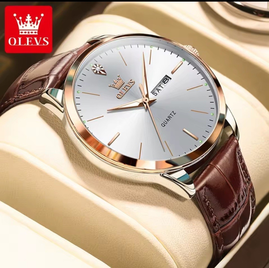 OLEVS Men’s Watch Quartz Waterproof Brown Leather Band White dial gold bezel