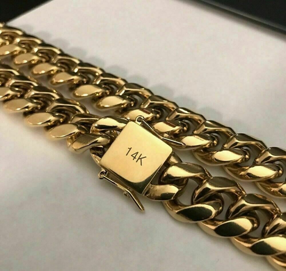Men’s Solid Miami Cuban Link Bracelet Chain 14K 18K Gold Plated Stainless Steel