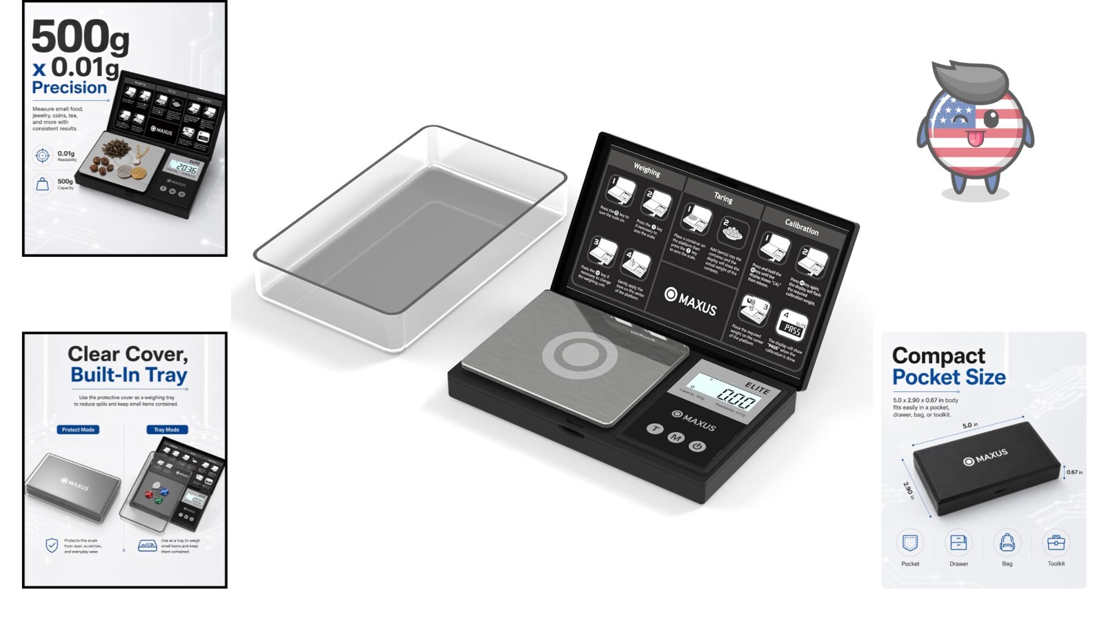 500g Digital Pocket Gram Scale 0.01g Precision with Backlit Tray for Home Use
