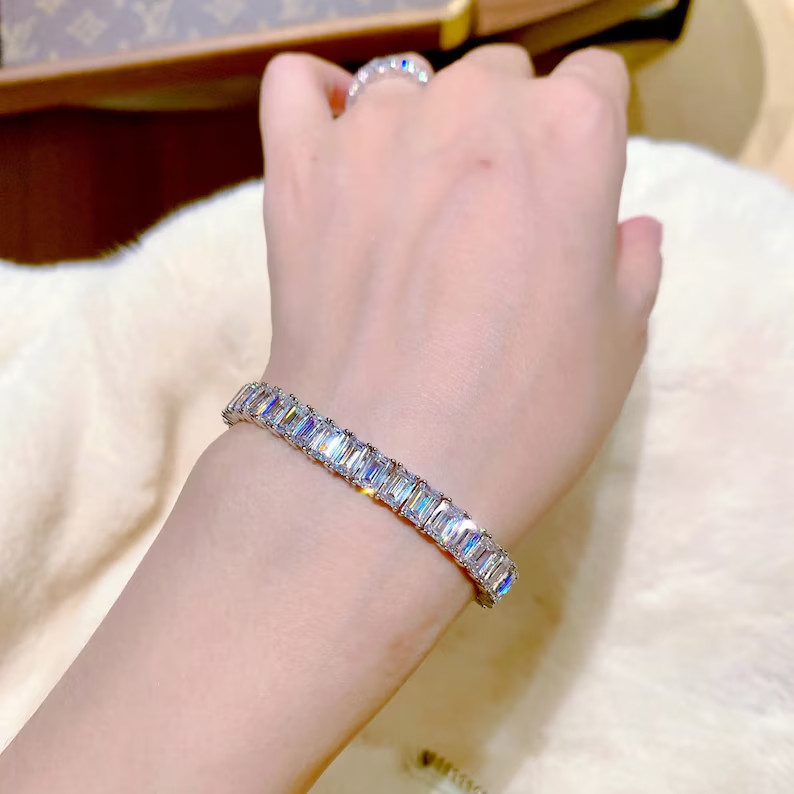 Classic 6x4mm Emerald Cut DEF Moissanite Tennis Bracelet 14K White Gold Plated