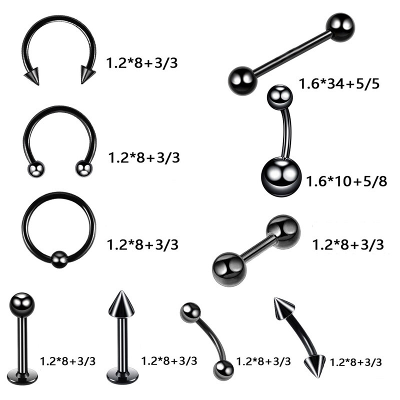 Mixed Body-Piercing Kit Navel Nose Tongue Ring Eyebrow Lip Ear Studs Jewelry Set