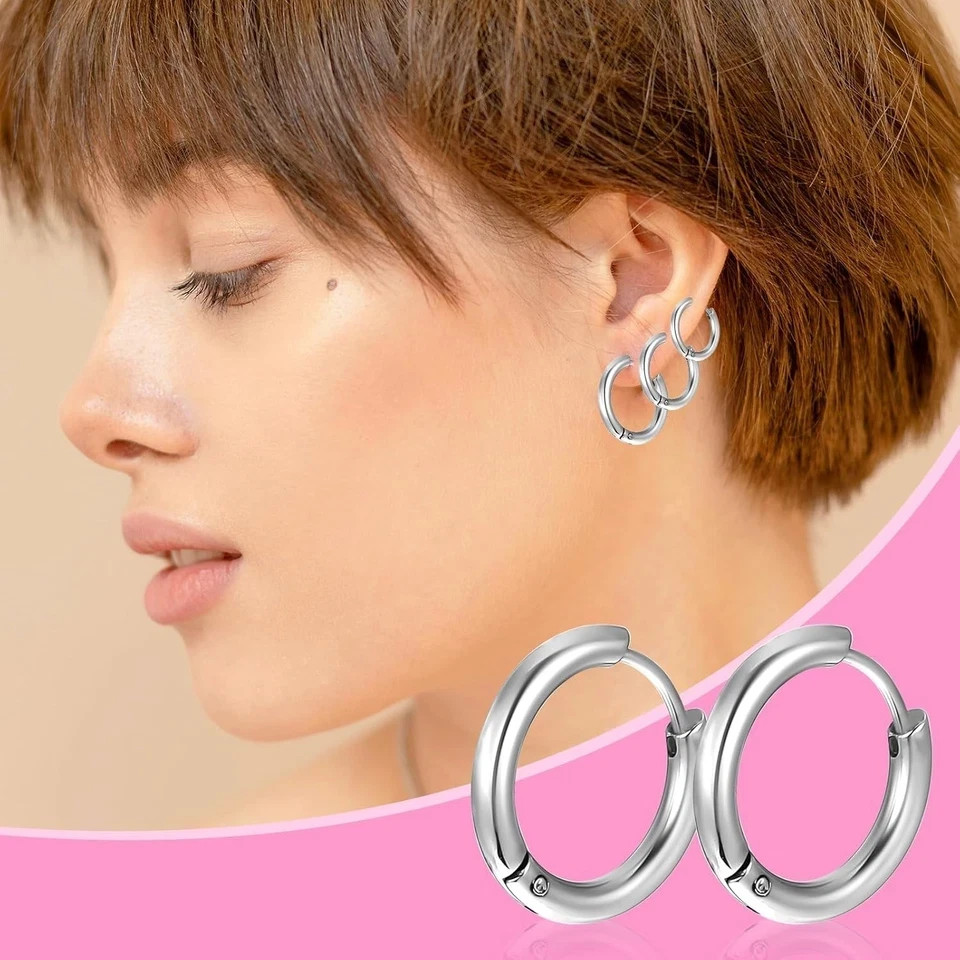 5 Pairs Titanium Hoop Earrings Silver Huggie Hoops Set 8mm-16mm Unisex